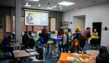 The Intercultural and Diversity Center offered students the opportunity to learn about and try sand painting in November 2022, as part of Native American Heritage Month. Photographer: Douglas Levere. 