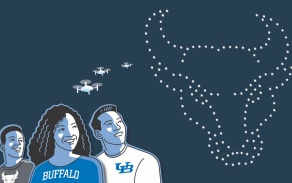 Illustration of UB students enjoying a drone show. 