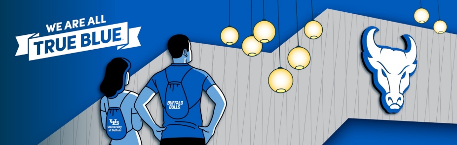 Illustration of two students overlooking a view of the new student union spirit mark. 