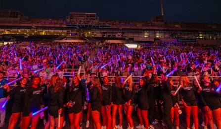 Students and other UB community members attend the Welcome Back Blast Pep Rally at the UB Stadium during Welcome Weekend in August 2025. Photographer: Douglas Levere. 