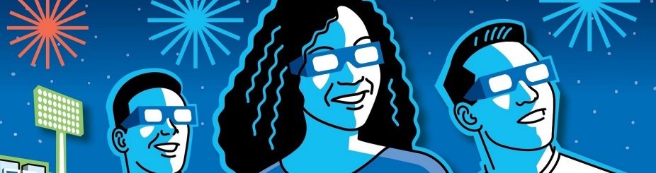 Illustration of UB student watching fireworks at the stadium. 