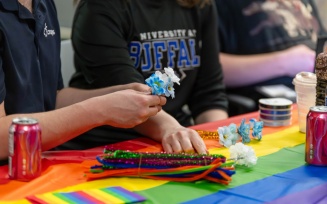 The Intercultural and Diversity Center celebrated Pride Week with a variety of activities and events, including the Pride March and Mixer through North Campus in April 2023. The mixer was held in the Student Union. Photographer: Meredith Forrest Kulwicki.