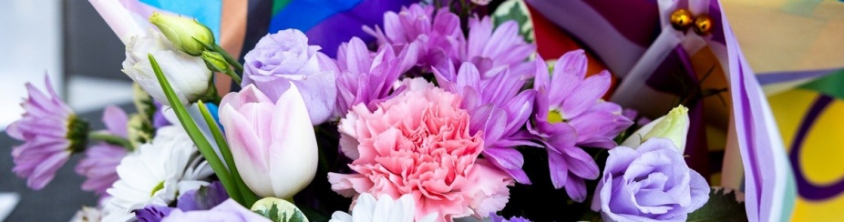 purple, white and pink flowers with an LGBTQ flag in the background.