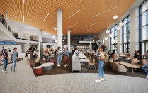 Artist rendering: new dining spaces viewed from the ground floor. 