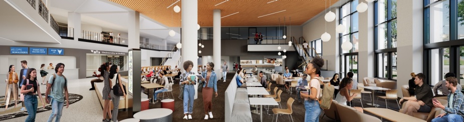 Artist rendering: new dining spaces viewed from the ground floor. 