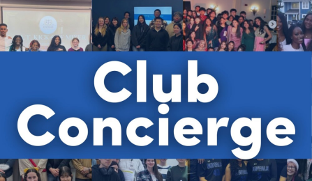 Club Concierge banner text over collage of student group photos. 