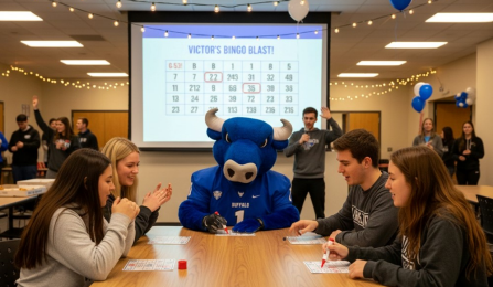 Students at a table with Victor E. Bull, playing bingo. 
