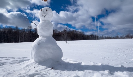 A snow creation built on the rugby field neat the Ellicott Complex, photographed in February 2025. Photographer: Douglas Levere.