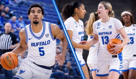 Two frame photo with a men's basketball player on one side and women's basketball player on the other. 