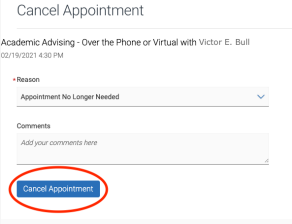 screenshot of the cancel appointment screen with circle around the cancel appointment button. 