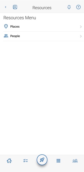 Resources screen in Navigate mobile app with a Resources Menu including options to select either Places or People.