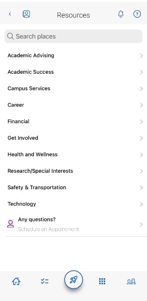 Resources screen in Navigate mobile app with a search bar and a list of campus resource categories, including Academic Advising, Career, Financial, Health and Wellness, Technology, and more, plus a ‘Schedule an Appointment’ link.