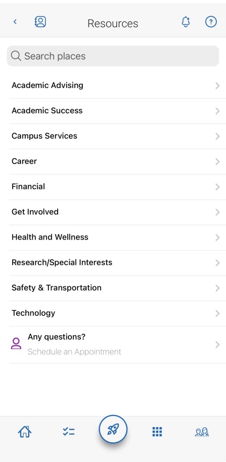 Resources screen in Navigate mobile app with a search bar and a list of campus resource categories, including Academic Advising, Career, Financial, Health and Wellness, Technology, and more, plus a ‘Schedule an Appointment’ link. 