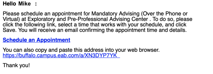 screenshot of email inviting student to schedule appointment via a direct link. 