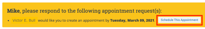 screenshot of yellow banner with circle around Schedule This Appointment button. 