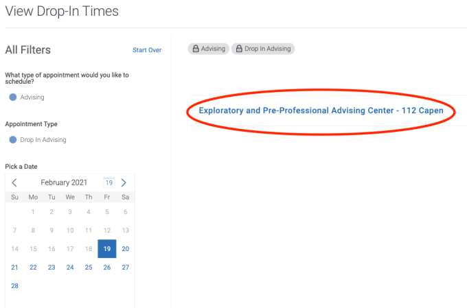 screenshot of View Drop-In Times screen with the advising center (Exploratory & Pre-Professional Advising Center) circled. 