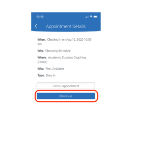 Zoom image: screenshot of Appointment Details screen with circle around Check-out button