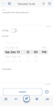 Navigate mobile app screen titled &lsquo;Personal To-Do&rsquo; showing a task named &lsquo;Complete Internship Application,&rsquo; with an all-day toggle, due date selector, description field, and a Submit button. 