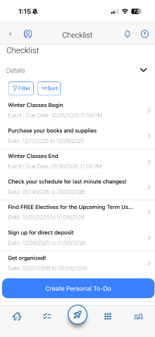 Checklist screen in Navigate mobile app showing upcoming tasks and events with dates, filter and sort buttons, and a ‘Create Personal To-Do’ button at the bottom. 