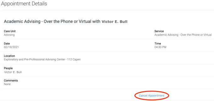 screenshot of appointment details screen with circle around the cancel appointment button.