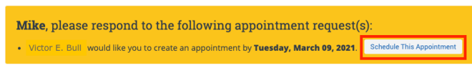 screenshot of yellow banner with circle around Schedule This Appointment button.