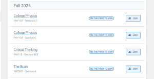 screenshot of course list for Fall 2025. 