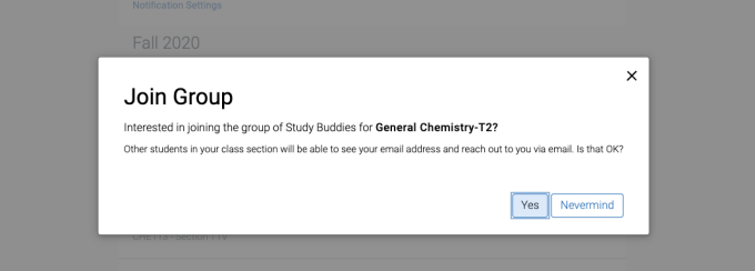 screen shot of confirmation to opt-in to share email address with others. 