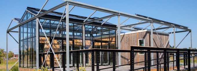 UB&rsquo;s award-winning GRoW Home at its permanent location alongside the Solar Strand on North Campus in August 2021. Photographer: Meredith Forrest Kulwicki. 
