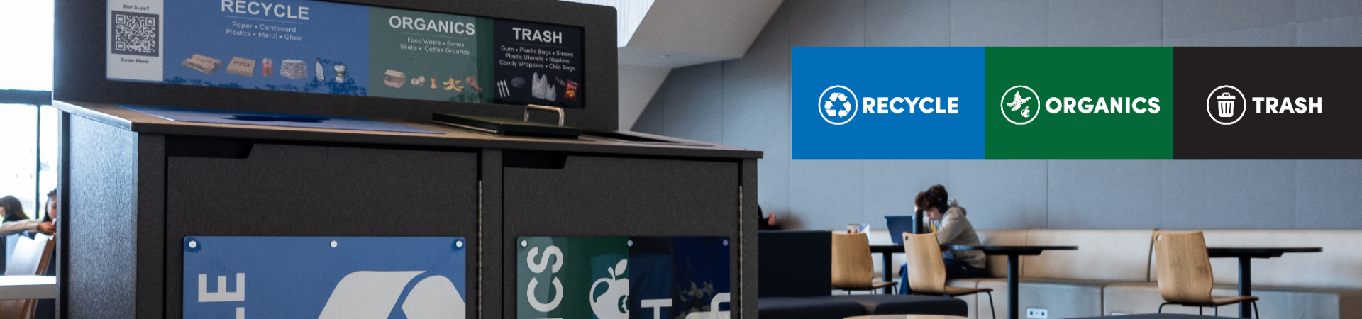 Recycle, Organics, Trash bin. 