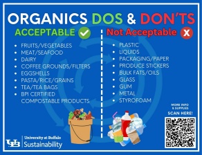 Zoom image: Acceptable items: Fruit and vegetables Meat and seafood Dairy Coffee grounds and filters Eggshells Pasta, rice, grains Tea, tea bags BPI-certified compostable products Unacceptable items: Plastics Liquids Packaging/paper Produce stickers Bulk fats, oils Glass Gum Metal Styrofoam