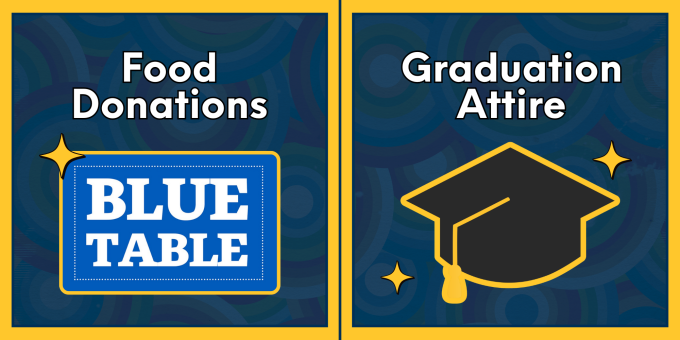 Clothing and food donation information: drop off clothing, shoes, and blankets at a Hearts for the Homeless container around campus. Non-perishable food can be donated to Blue Table, a food pantry at UB. 