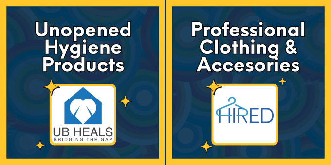 Clothing and food donation information: drop off clothing, shoes, and blankets at a Hearts for the Homeless container around campus. Non-perishable food can be donated to Blue Table, a food pantry at UB. 