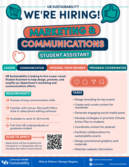 flyer for a marketing and communications student job at ub. 