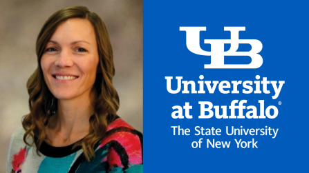 Alexa Schindel photo with UB logo and ub blue background. 