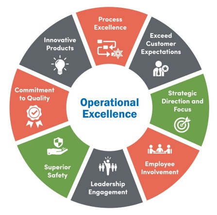 Circular graphic of Operational Excellence, defined as: process excellence, exceed customer expectations, strategic direction and focus, employee involvement, leadership engagement, superior safety, commitment to quality, and innovative products. 
