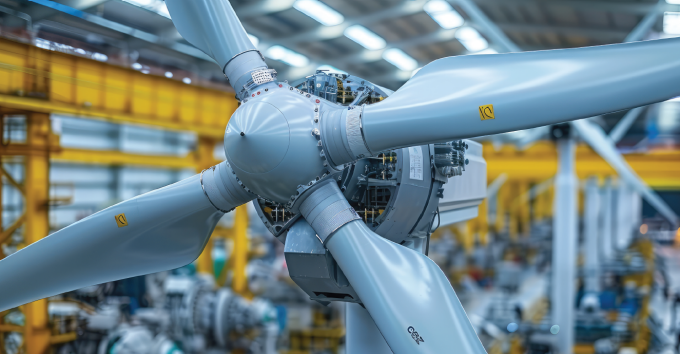 Wind turbine in factory setting being built. 