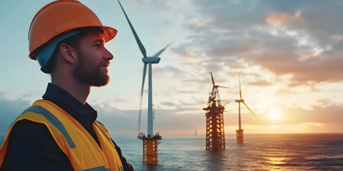 Wind turbine man worker looking out to a small offshore wind turbine farm in the ocean. 