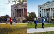 An old photo of students in UB merch next to a replicated photo of students in UB Merch taken in the same place on South Campus. 