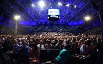 Zoom image: A sold out audience in Alumni Arena highly anticipates Malala Yousafzai taking the stage. 