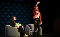 Zoom image: Celebrated Journalist, CEO and Founder of Joy 101, Hoda Kotb, waving to the crowd at the Center for the Arts on Mar. 10, 2026. 