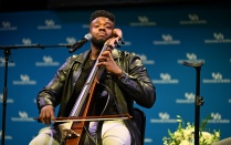 Zoom image: Pentatonix Beatboxer and Classical Fusion Artist,&nbsp; Kevin Olusola, demonstrates cello-boxing at the Center for the Arts on Feb. 10, 2026. 
