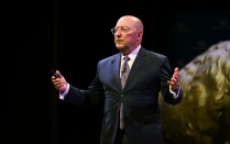 Zoom image: Former Supreme Allied Commander, NATO, Admiral James Stavridis, speaking at the Center for the Arts on Oct. 21, 2025. 