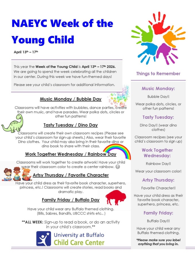 Week of the Young Child flyer with daily themes. 