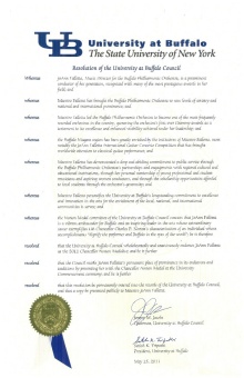 Photo of a UB Council Resolution signed by Chairman Jeremy M. Jacobs and President Satish K. Tripathi. 