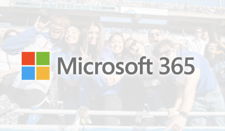 Microsoft 365 logo superimposed on cheering students. 