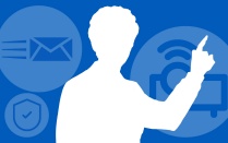 Silhouette of instructor against a background of computer application icons. 