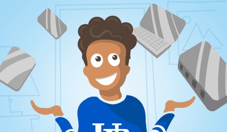 Illustration of young man in a UB sweater juggling several pieces of technology. 