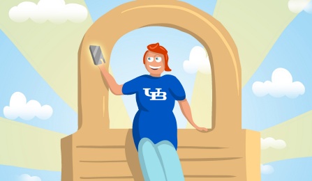 Illustration of a young woman looking at her smartphone as she lounges contentedly on a large padlock, symbolizing the security of her personal devices. 