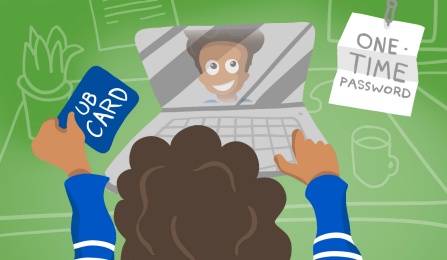 Illustration of a student gathering their UB Card and One-Time Password and logs into a laptop. 