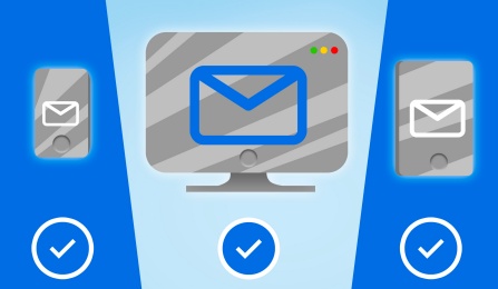 Illustration of a smartphone, deskop computer and a tablet, each exhibiting an email icon and a checkbox. 